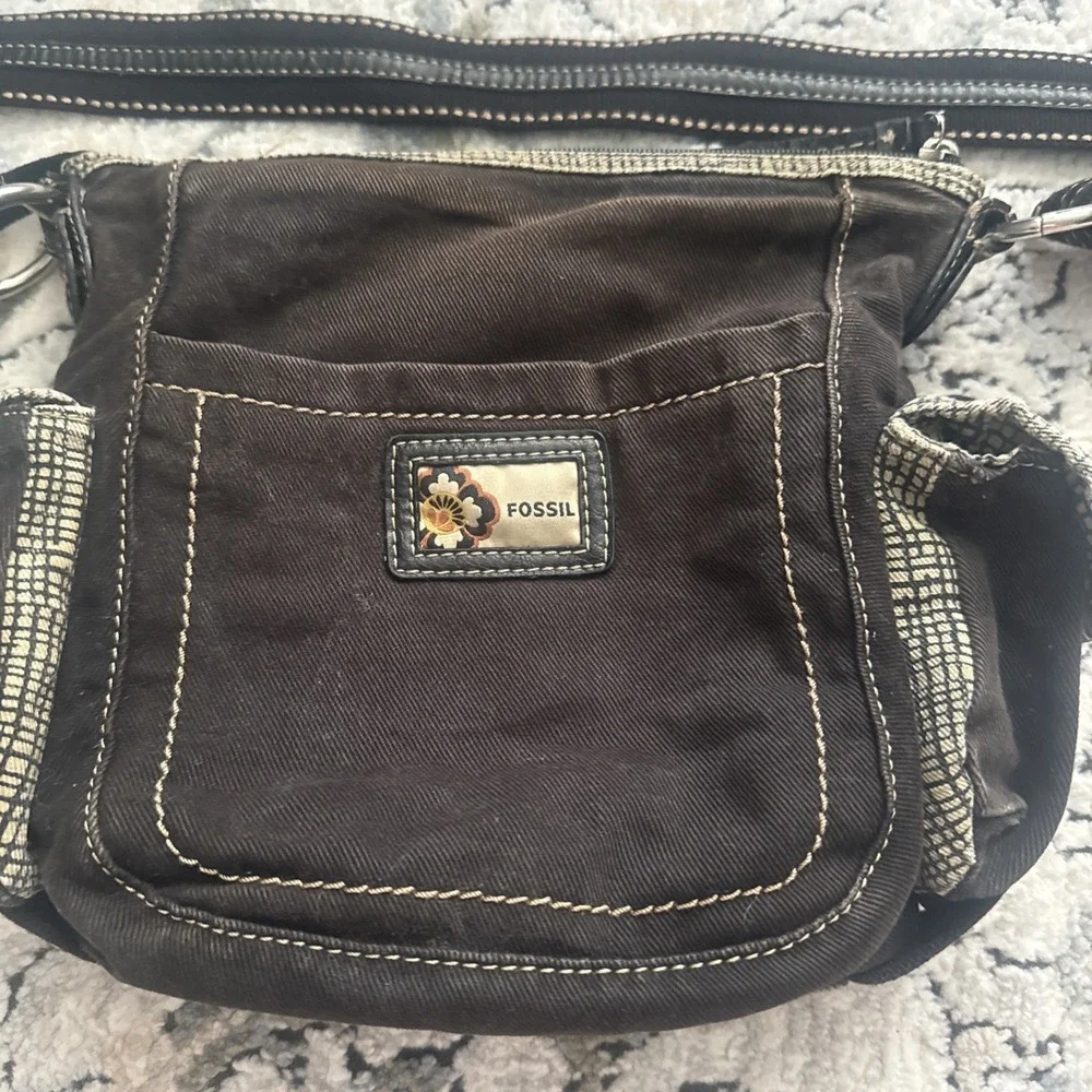 Vintage Y2K Fossil Denim Black Canvas Crossbody Bag Shoulder Purse Handbag Hobo